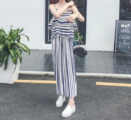 Stripe Spaghetti Strap Tops High Waist Wide Leg Pants 2 Pieces Set