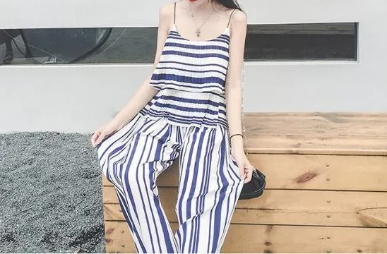 Stripe Spaghetti Strap Tops High Waist Wide Leg Pants 2 Pieces Set