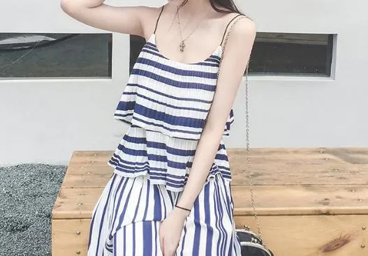 Stripe Spaghetti Strap Tops High Waist Wide Leg Pants 2 Pieces Set