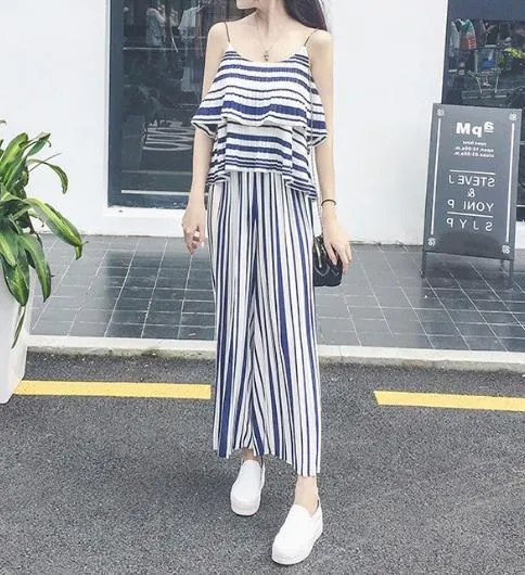 Stripe Spaghetti Strap Tops High Waist Wide Leg Pants 2 Pieces Set