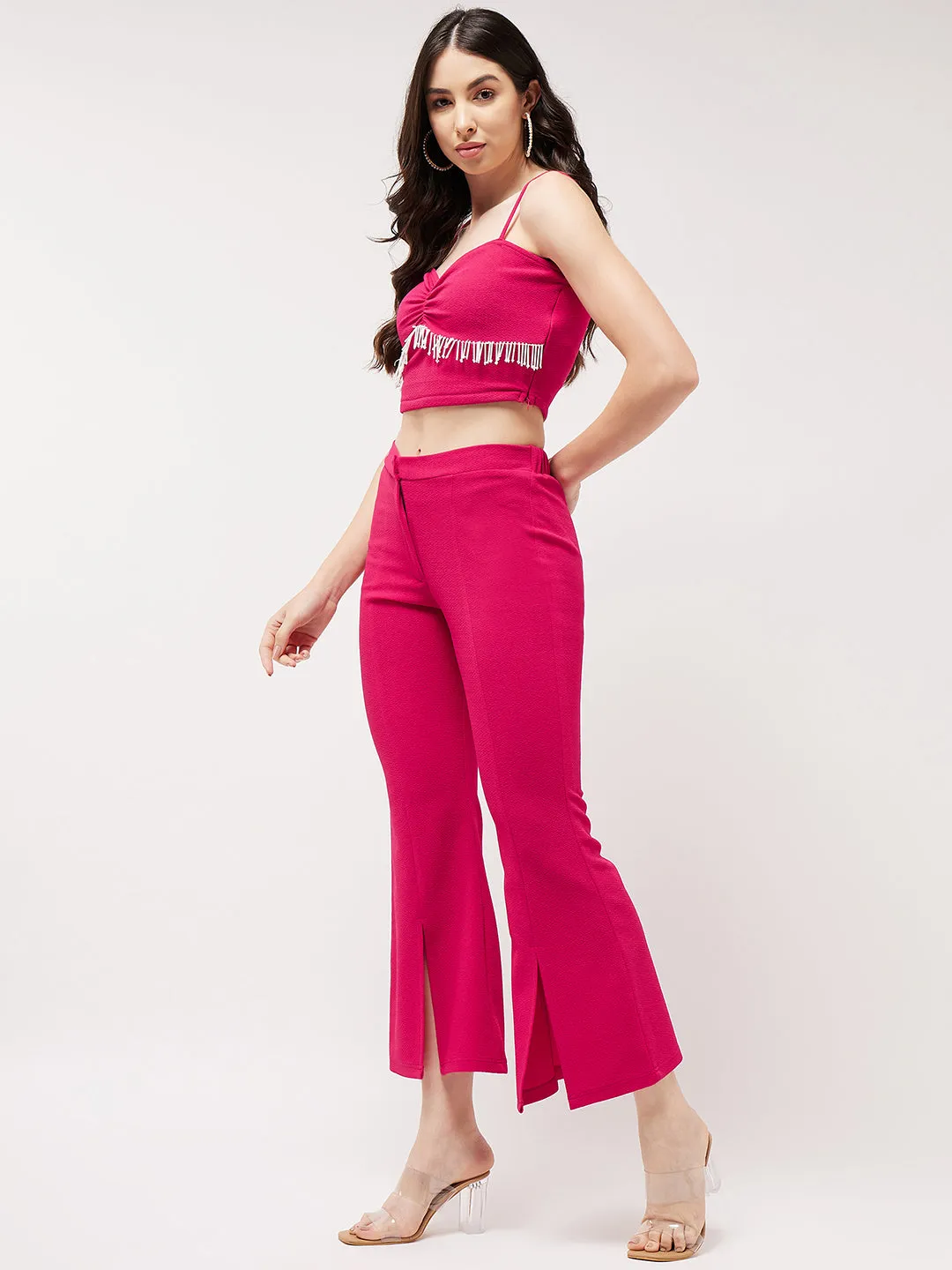 Stylish Crop Top With Tassel Details And Wide Leg Boot Pant Set