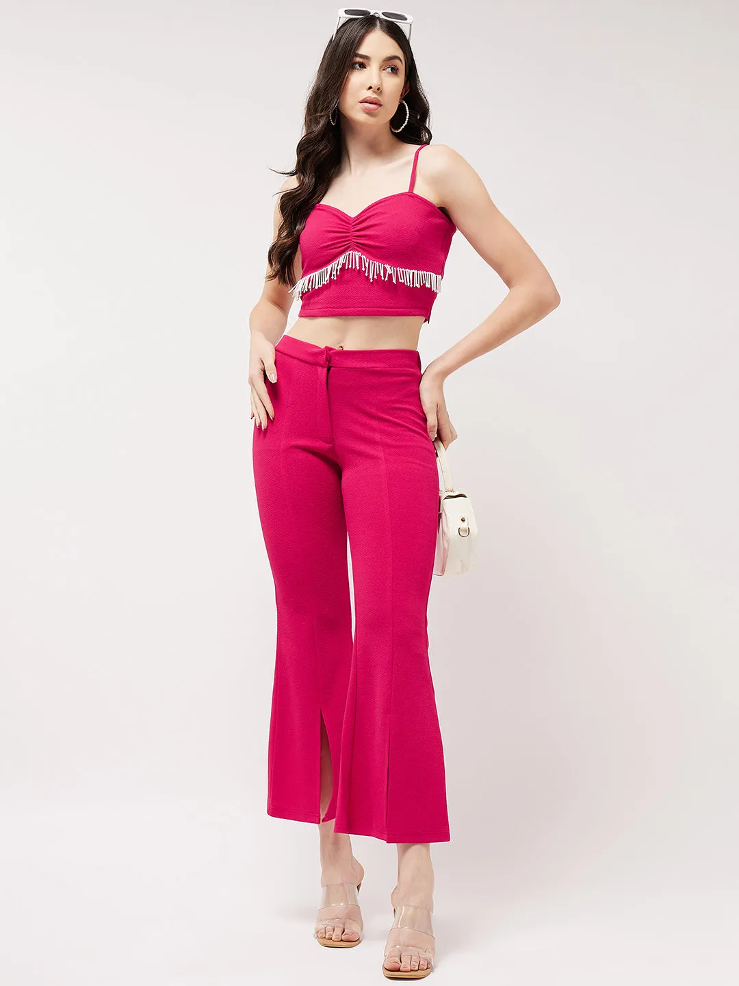 Stylish Crop Top With Tassel Details And Wide Leg Boot Pant Set