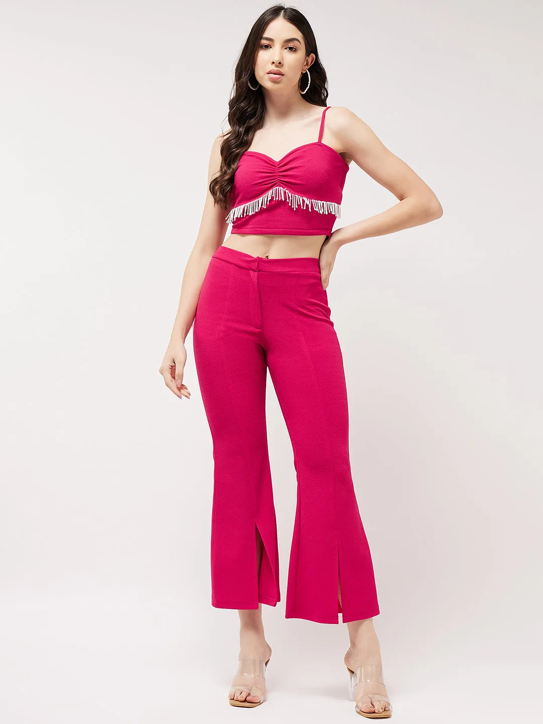 Stylish Crop Top With Tassel Details And Wide Leg Boot Pant Set