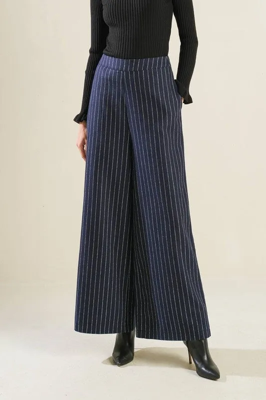 Sutton High Waist Stripe Print Wide Leg Pants Navy