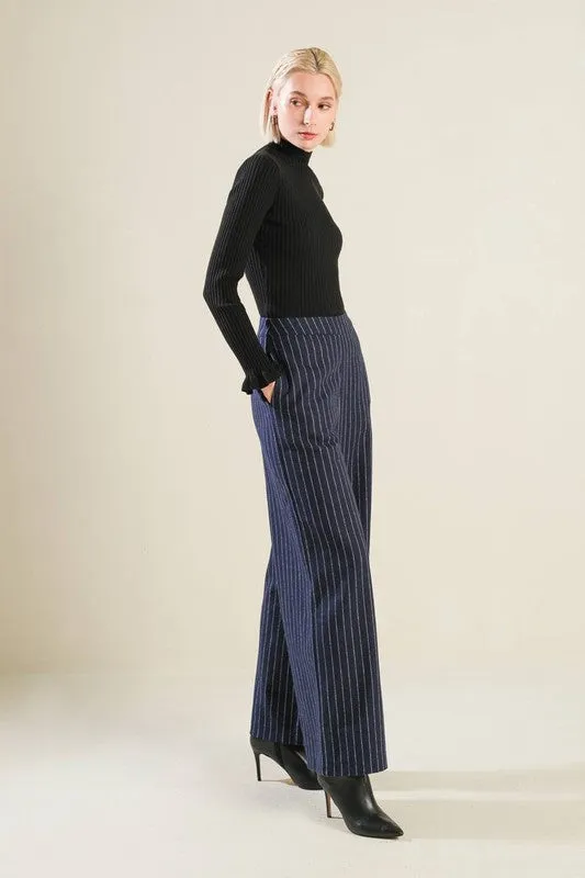 Sutton High Waist Stripe Print Wide Leg Pants Navy