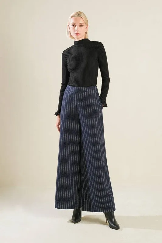 Sutton High Waist Stripe Print Wide Leg Pants Navy