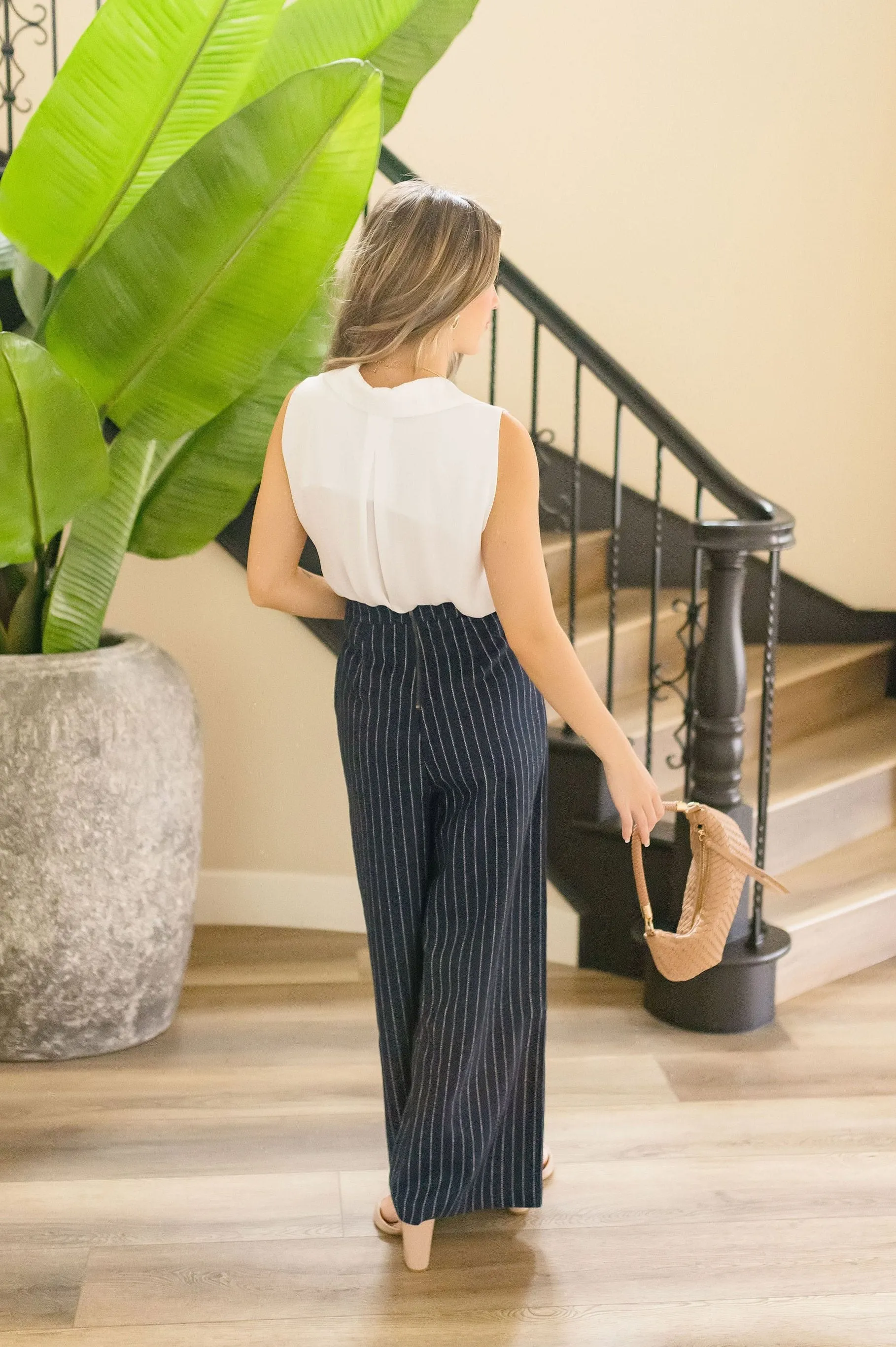 Sutton High Waist Stripe Print Wide Leg Pants Navy