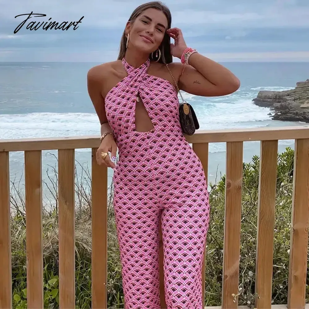 TAVIMART -  Elegant Hollow Out Floral Print Summer Jumpsuit Women Sexy Backless High Waist Slim Flared Trousers