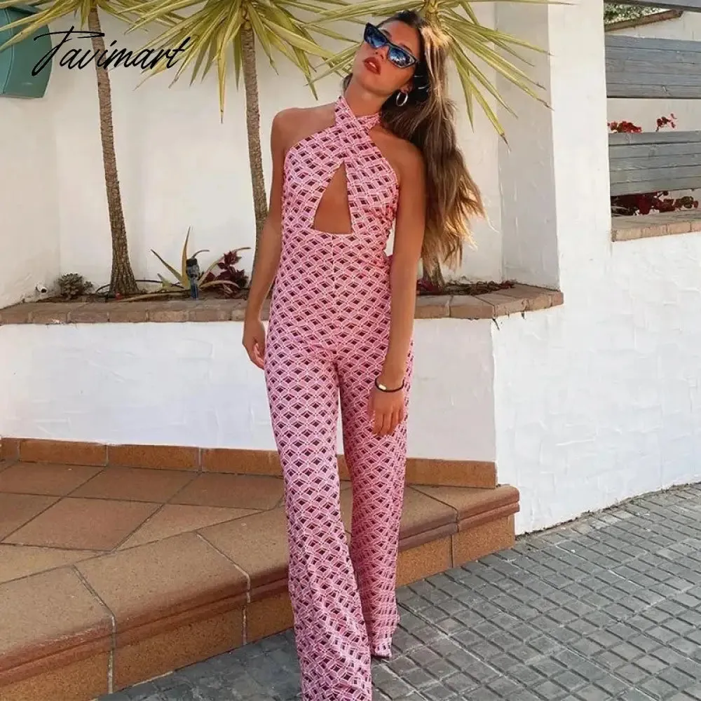 TAVIMART -  Elegant Hollow Out Floral Print Summer Jumpsuit Women Sexy Backless High Waist Slim Flared Trousers