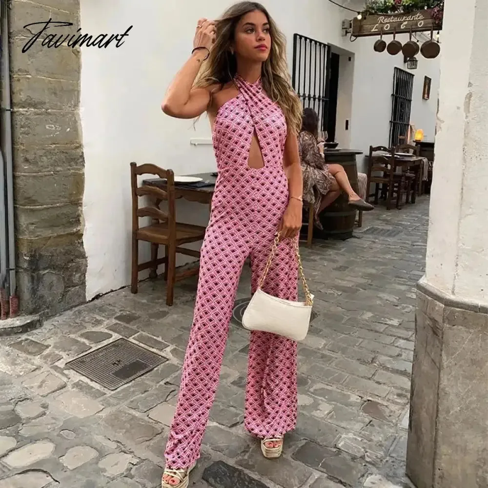 TAVIMART -  Elegant Hollow Out Floral Print Summer Jumpsuit Women Sexy Backless High Waist Slim Flared Trousers