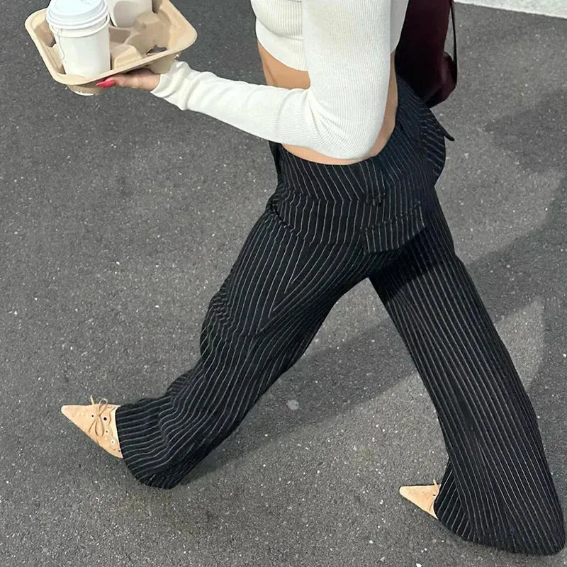 TAVIMART  -  Y2K Streetwear Fashion Black Stripe Women Trousers Low Waisted Elegant Flared Pants Chic Ladies Full Length Outfits