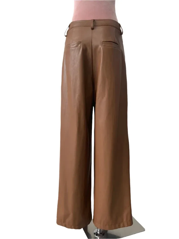 TEEK - Coffee Waterproof Brown Soft Pu Straight Pants