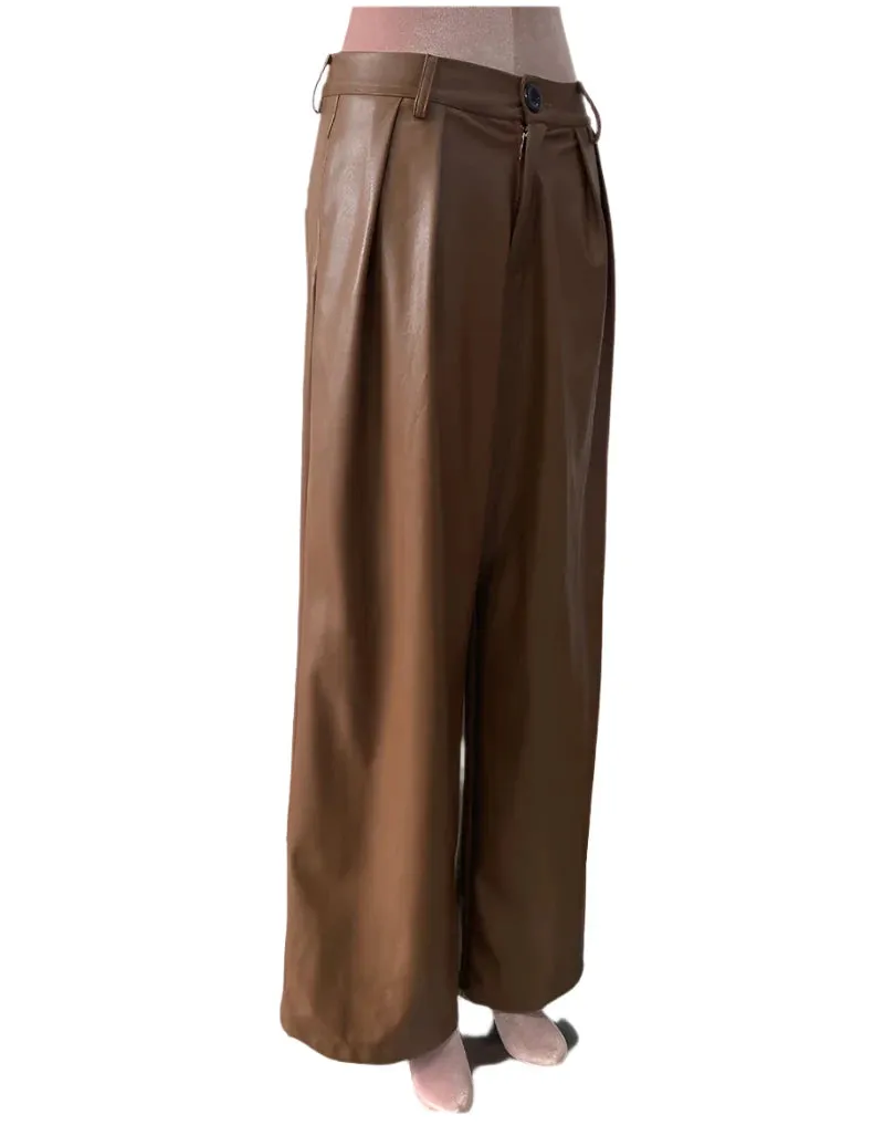 TEEK - Coffee Waterproof Brown Soft Pu Straight Pants