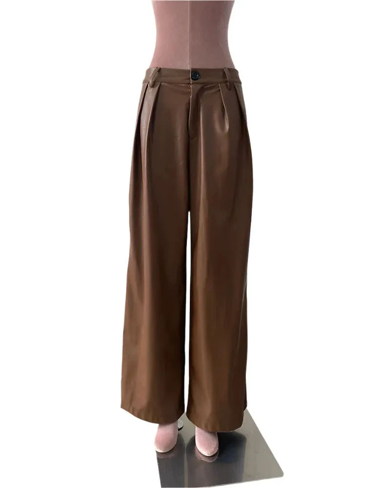 TEEK - Coffee Waterproof Brown Soft Pu Straight Pants