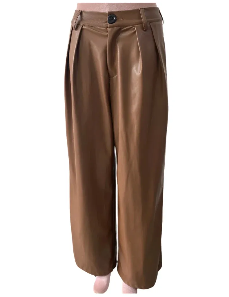 TEEK - Coffee Waterproof Brown Soft Pu Straight Pants