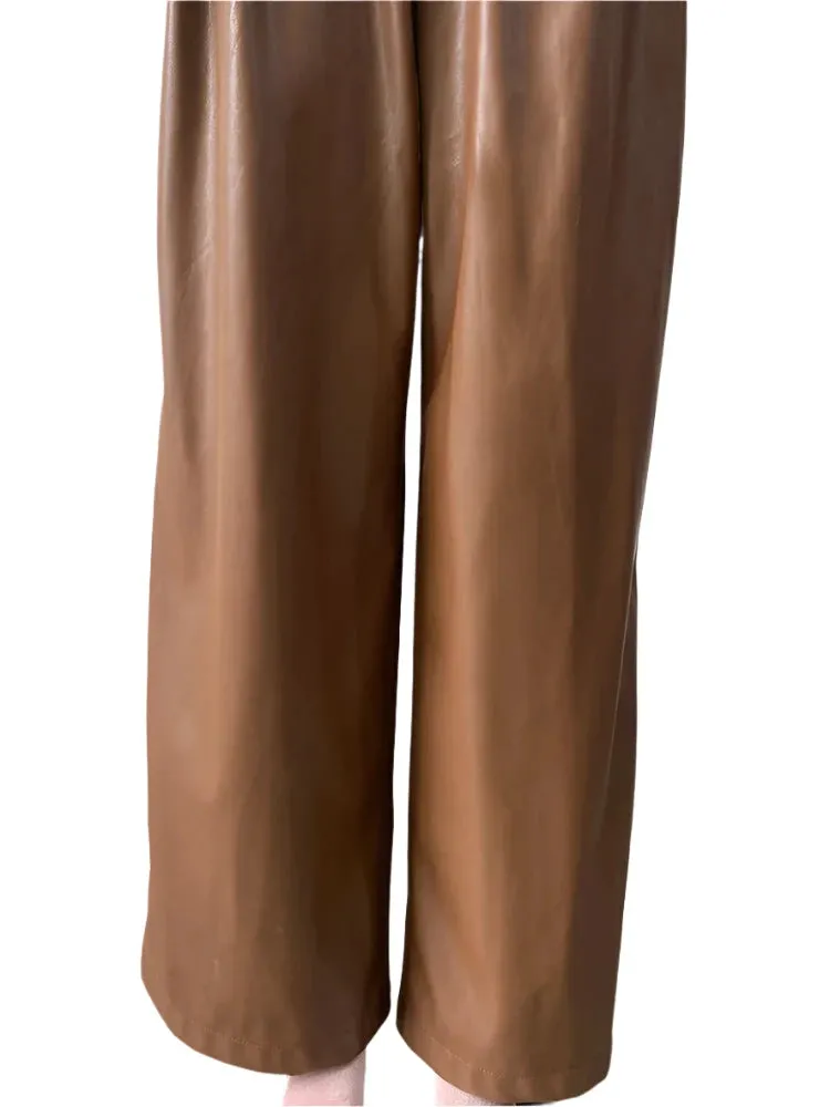 TEEK - Coffee Waterproof Brown Soft Pu Straight Pants