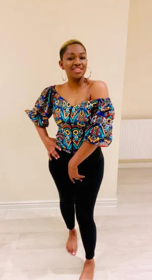 The Bola Off Shoulder Ankara African Print Bardot Top In Blue by Eldimaa Fashion