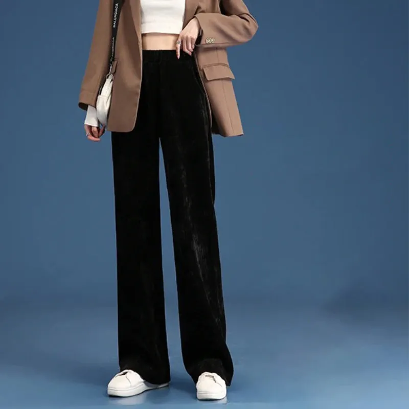 Thick Plush Winter High-Waist Trousers Wide Leg Pants