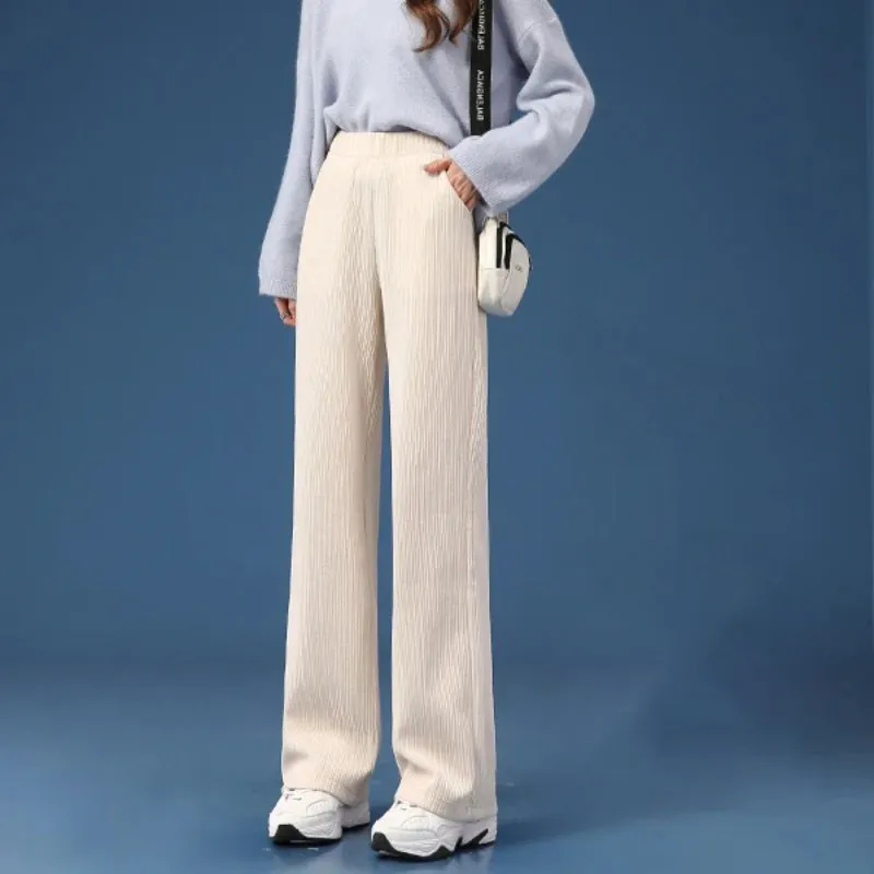 Thick Plush Winter High-Waist Trousers Wide Leg Pants