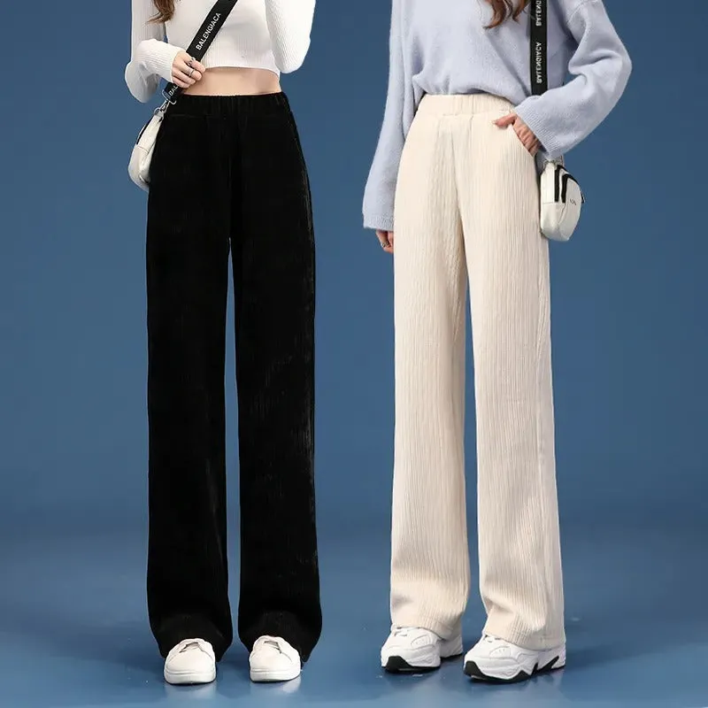 Thick Plush Winter High-Waist Trousers Wide Leg Pants