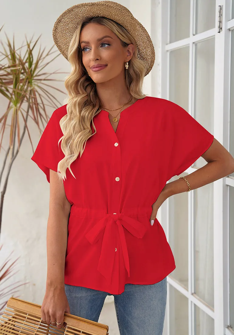 True Red Women's Short Sleeve Office Blouse Button-Down Shirts