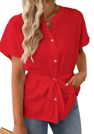 True Red Women's Short Sleeve Office Blouse Button-Down Shirts