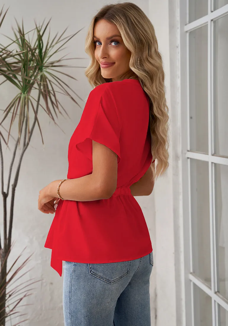 True Red Women's Short Sleeve Office Blouse Button-Down Shirts