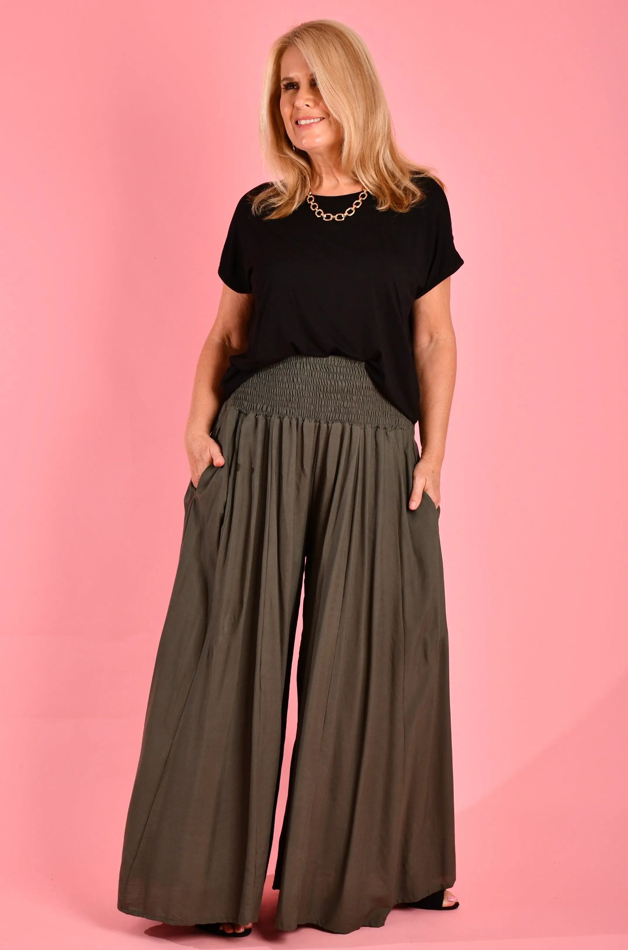 VBLP206 - FREMANTLE ROUCHED WIDE LEG PANT - GREY OLIVE