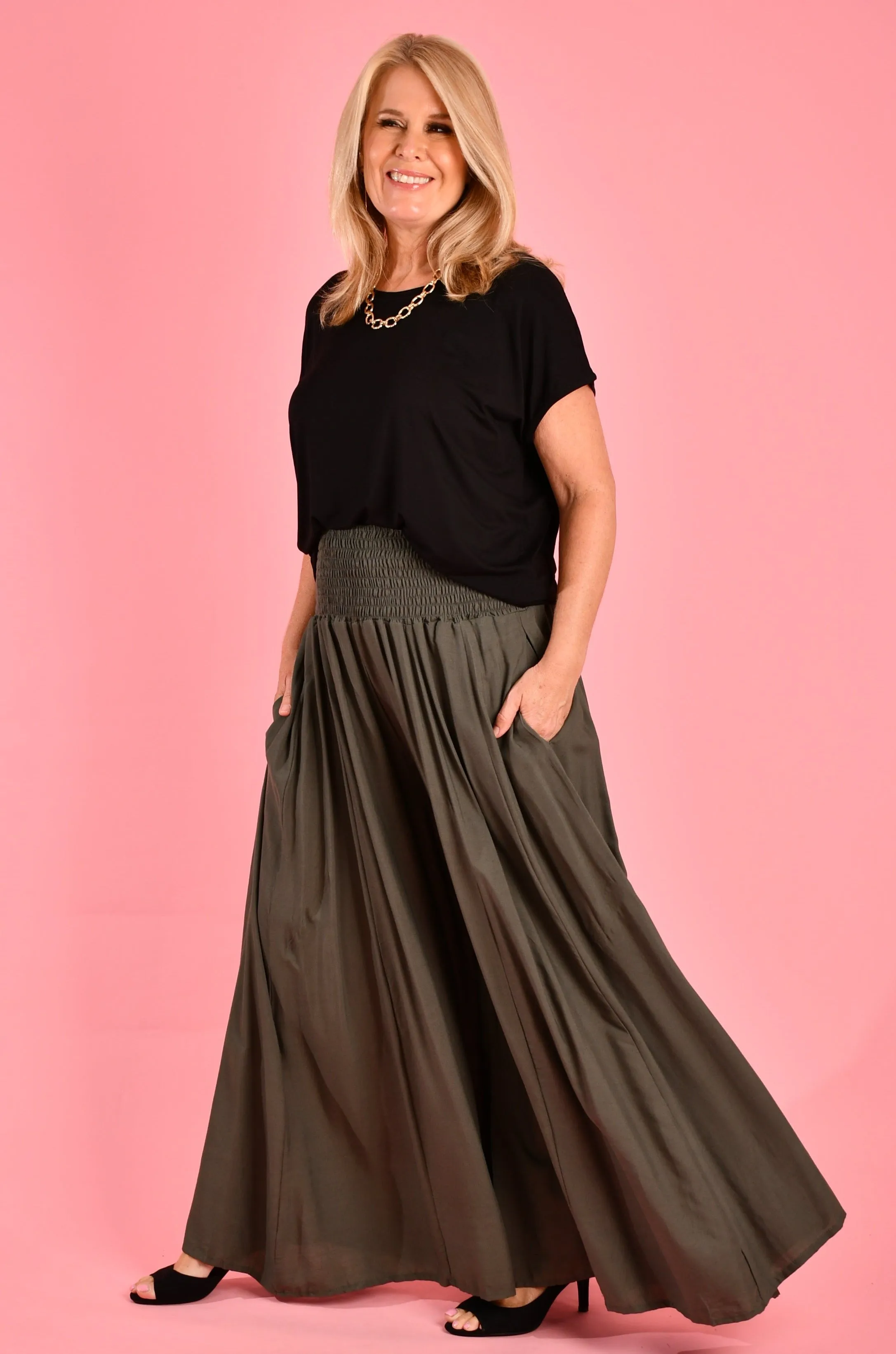 VBLP206 - FREMANTLE ROUCHED WIDE LEG PANT - GREY OLIVE