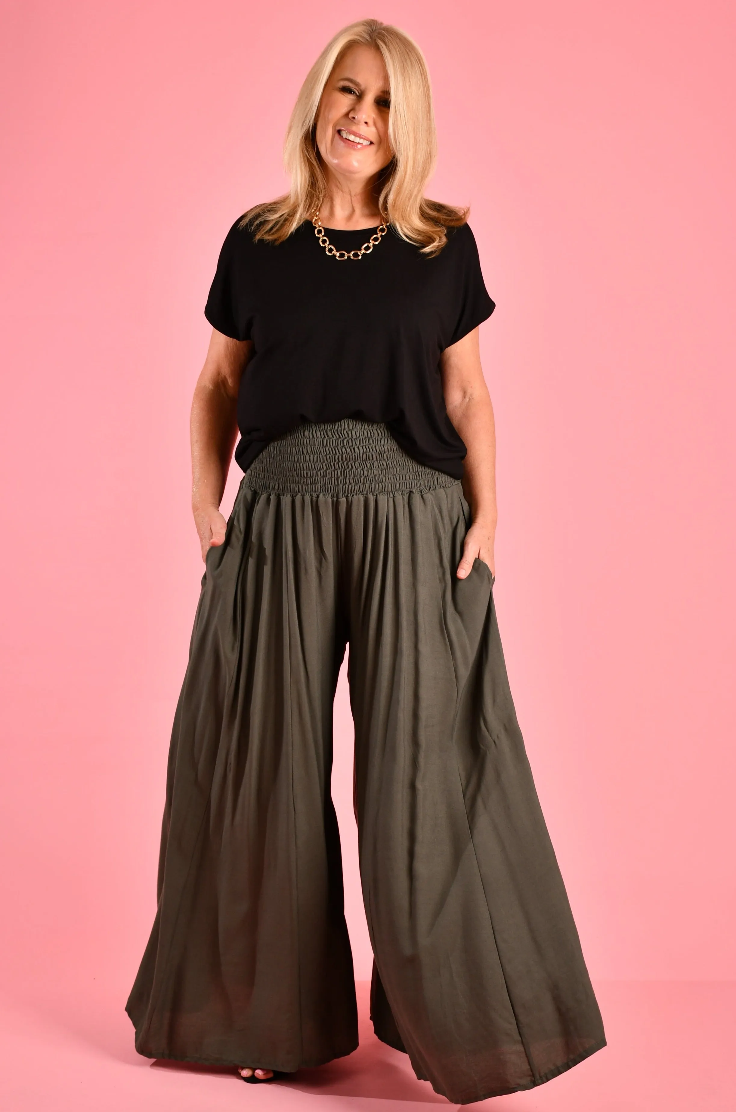 VBLP206 - FREMANTLE ROUCHED WIDE LEG PANT - GREY OLIVE