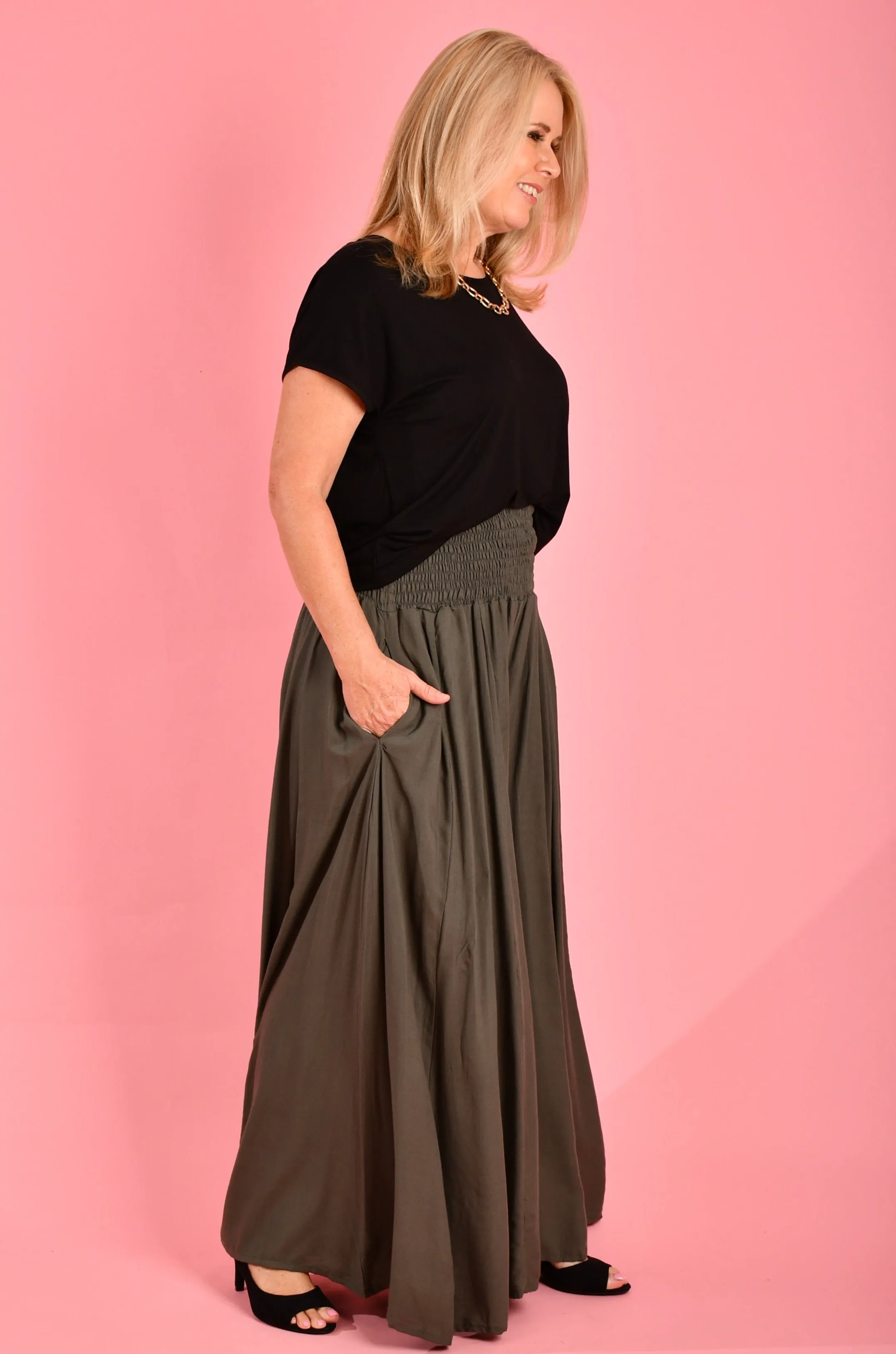 VBLP206 - FREMANTLE ROUCHED WIDE LEG PANT - GREY OLIVE