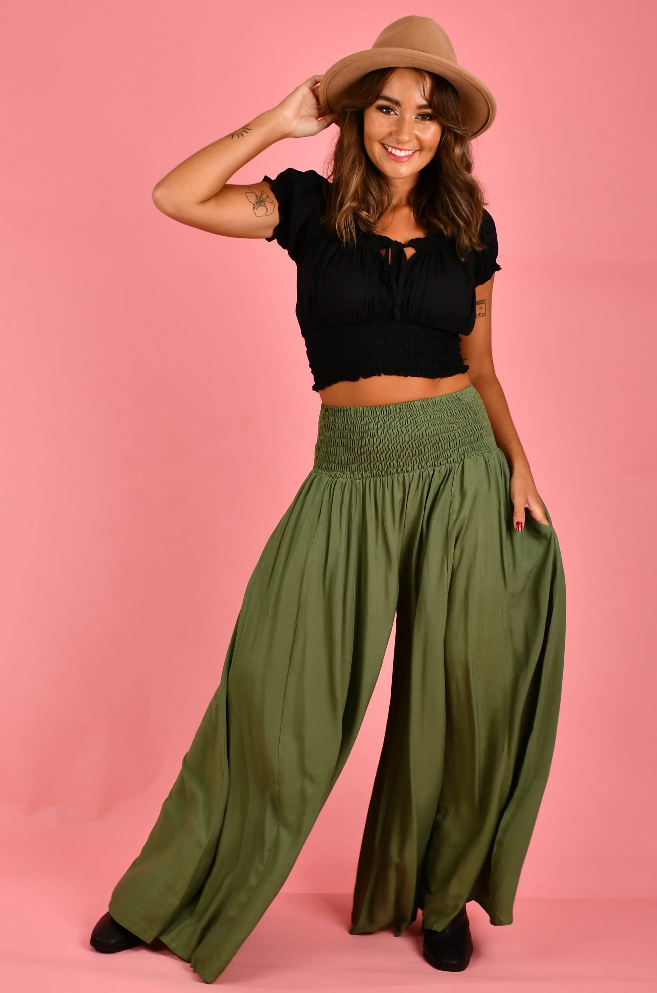 VBLP206 - FREMANTLE ROUCHED WIDE LEG PANT - SOFT KHAKI