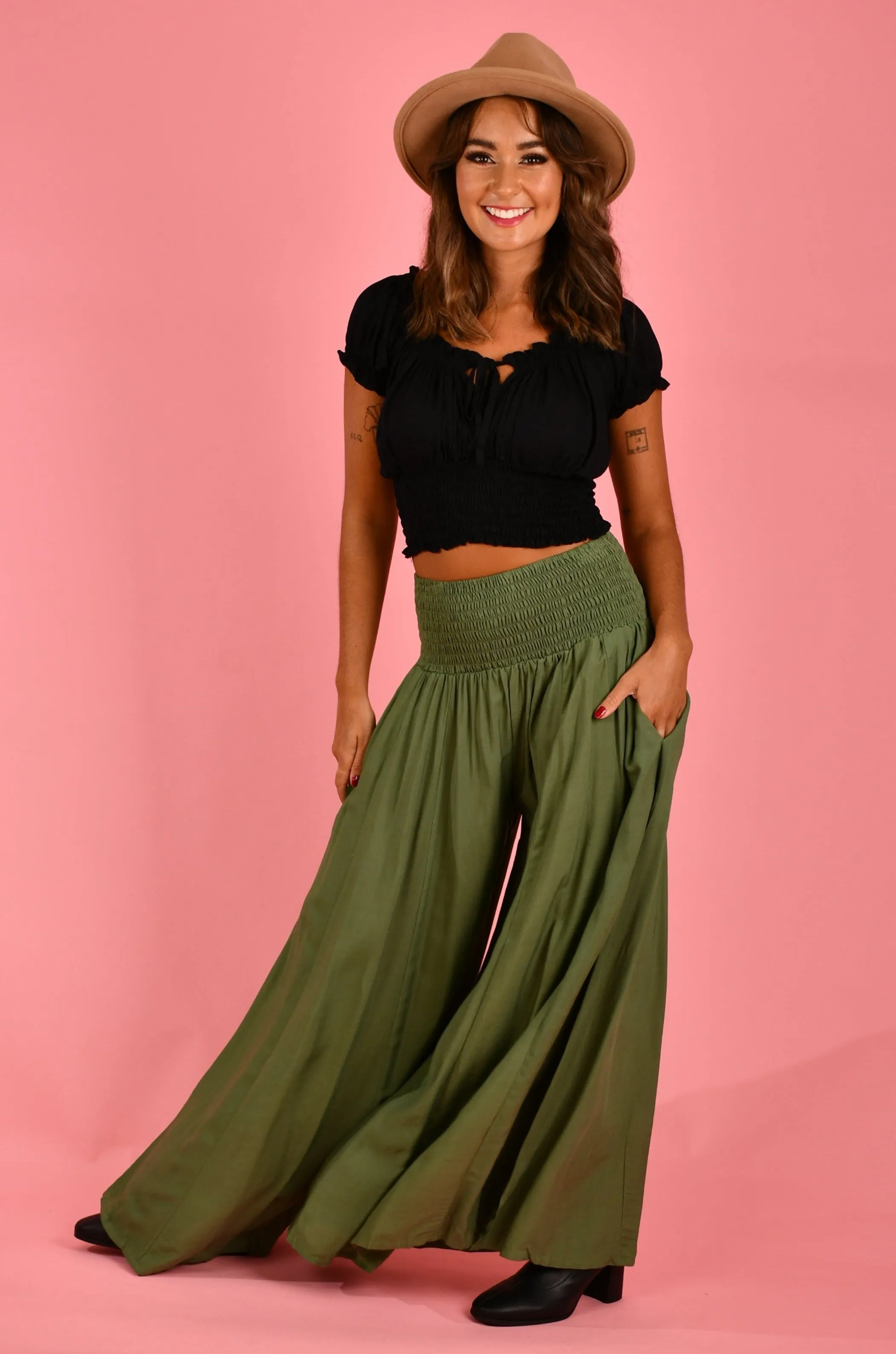 VBLP206 - FREMANTLE ROUCHED WIDE LEG PANT - SOFT KHAKI