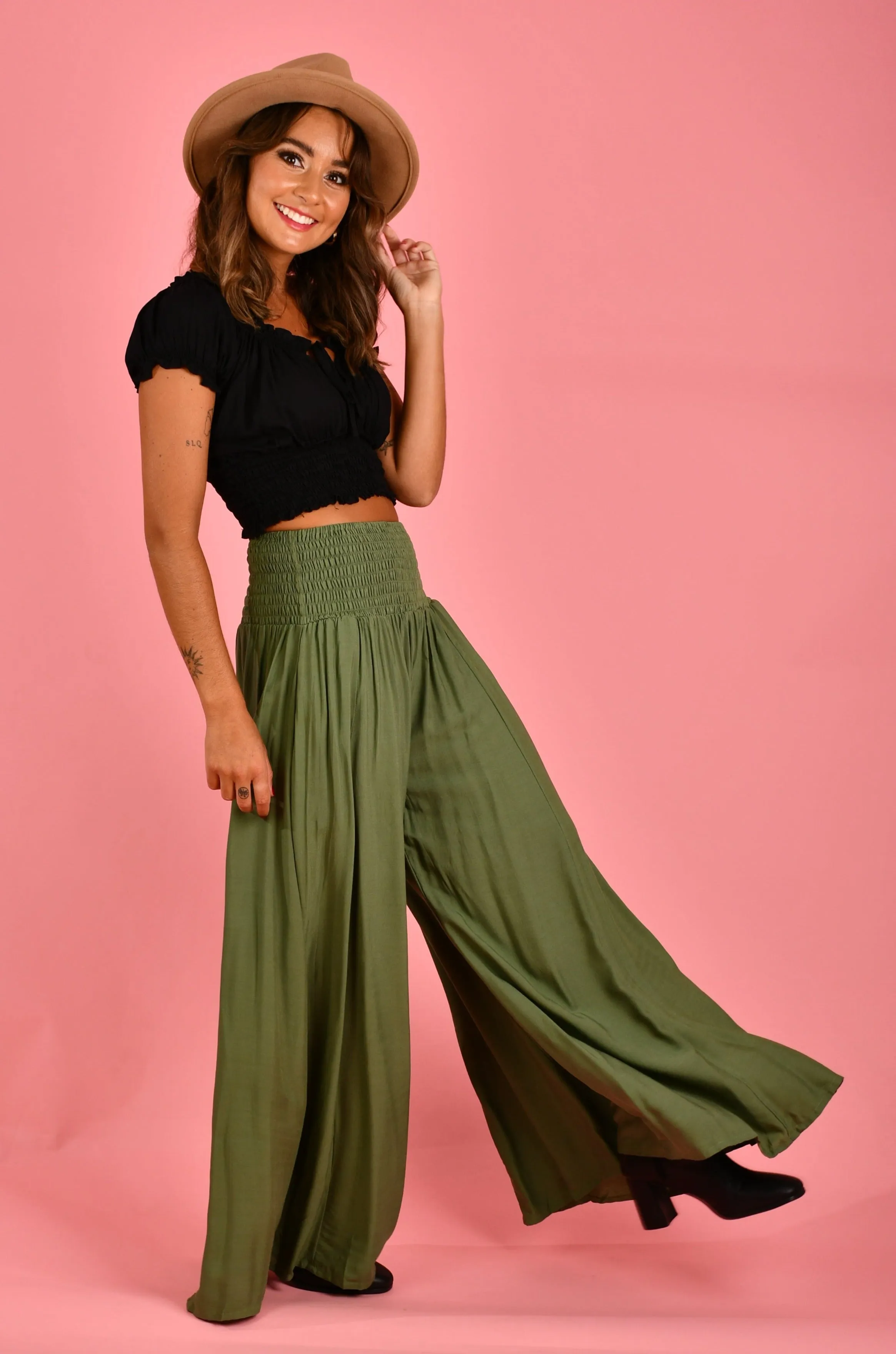 VBLP206 - FREMANTLE ROUCHED WIDE LEG PANT - SOFT KHAKI