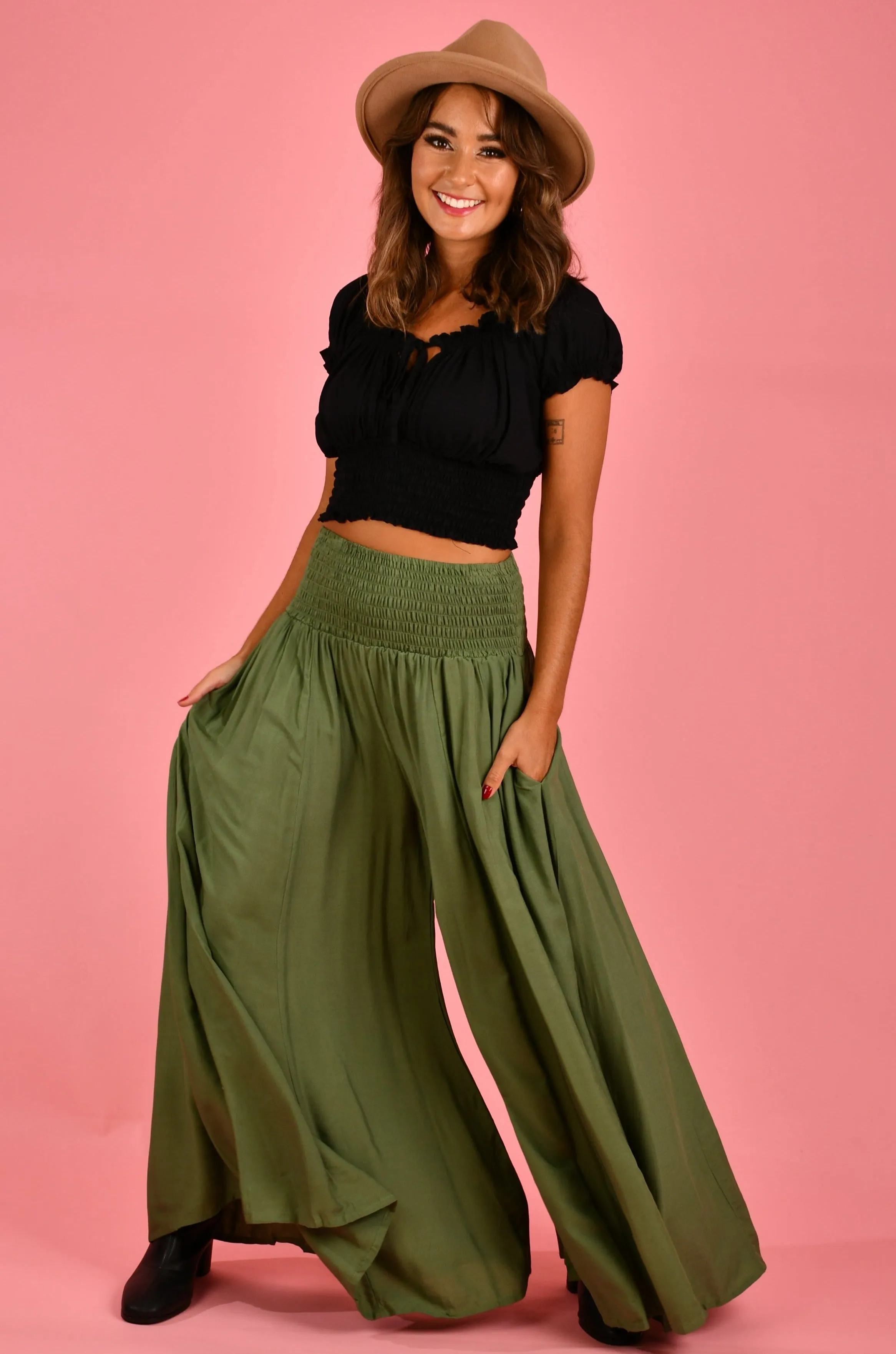 VBLP206 - FREMANTLE ROUCHED WIDE LEG PANT - SOFT KHAKI