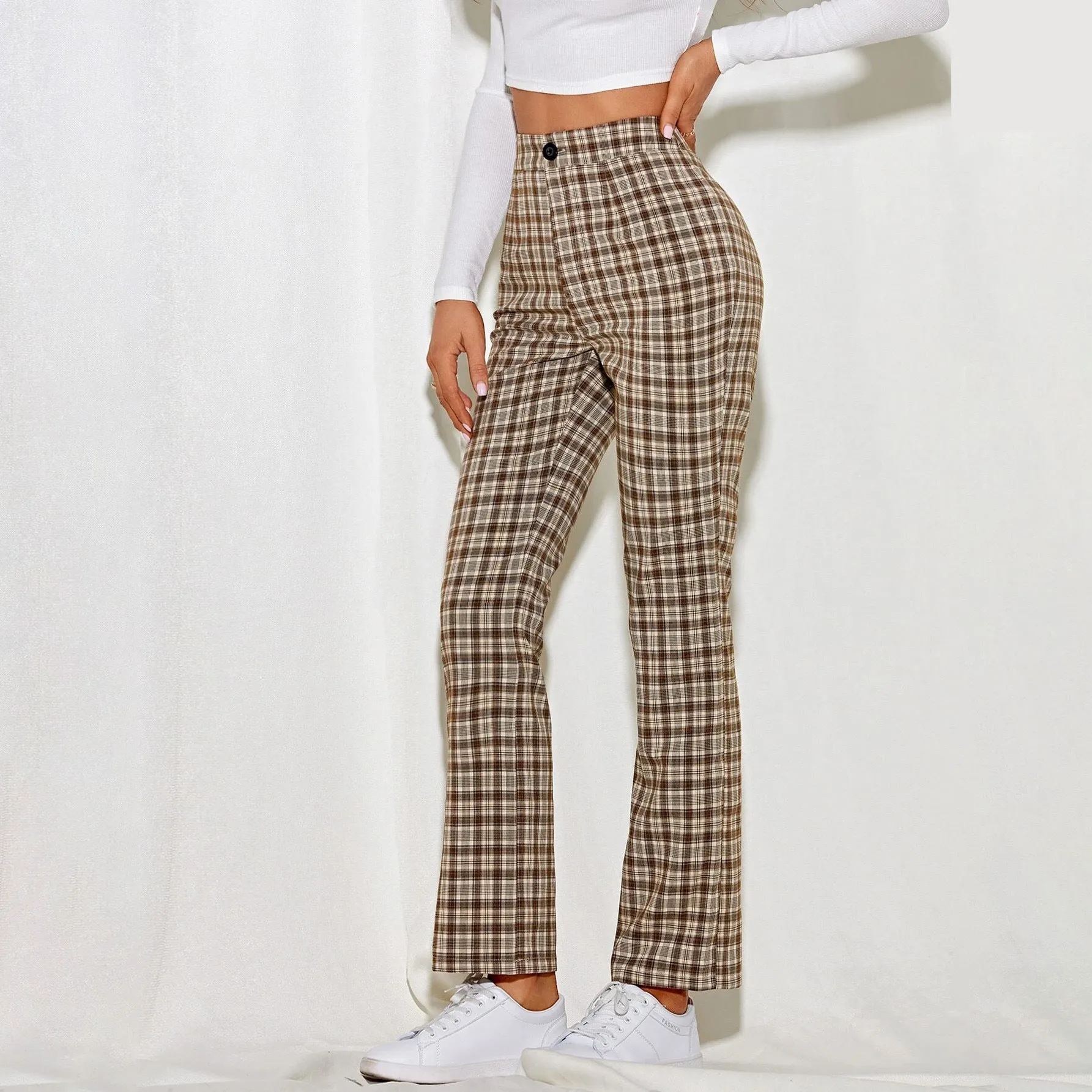 Wenkouban 2000s fashion 2024 Women's Spring and Summer Elegant Commuter Mid-Waist Plaid Fabric Flared Pants Artistic Trousers