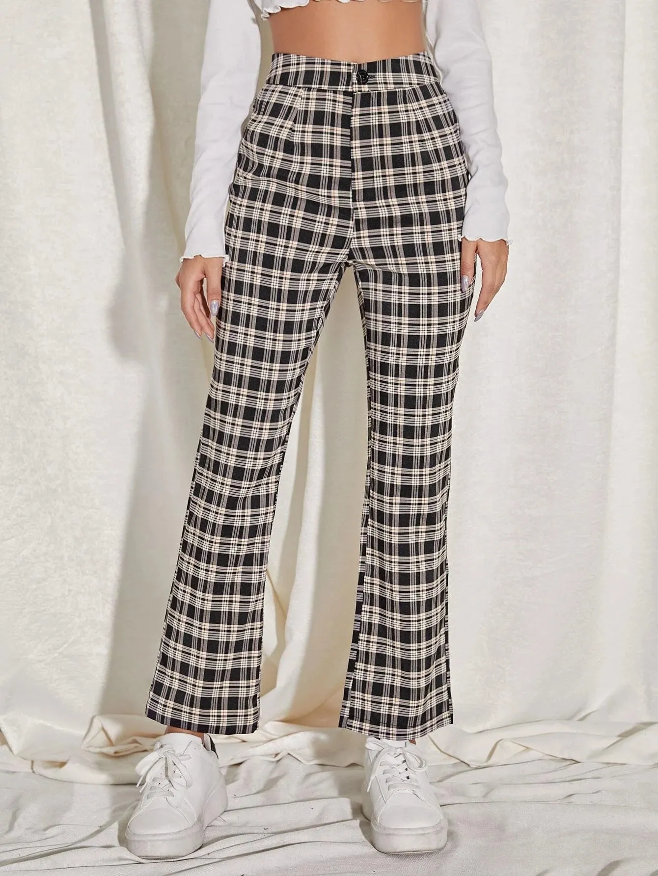 Wenkouban 2000s fashion 2024 Women's Spring and Summer Elegant Commuter Mid-Waist Plaid Fabric Flared Pants Artistic Trousers