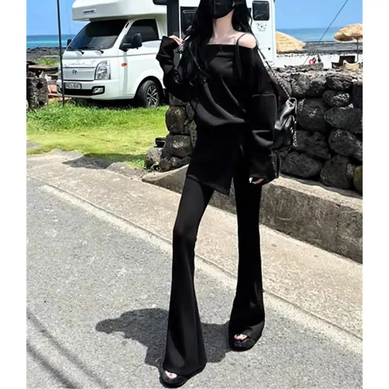 Wenkouban off shoulder  Air Layer off-Shoulder Flared Pants Suit Casual Women's American Style Loose Lazy Style Slimming Elegant Autumn