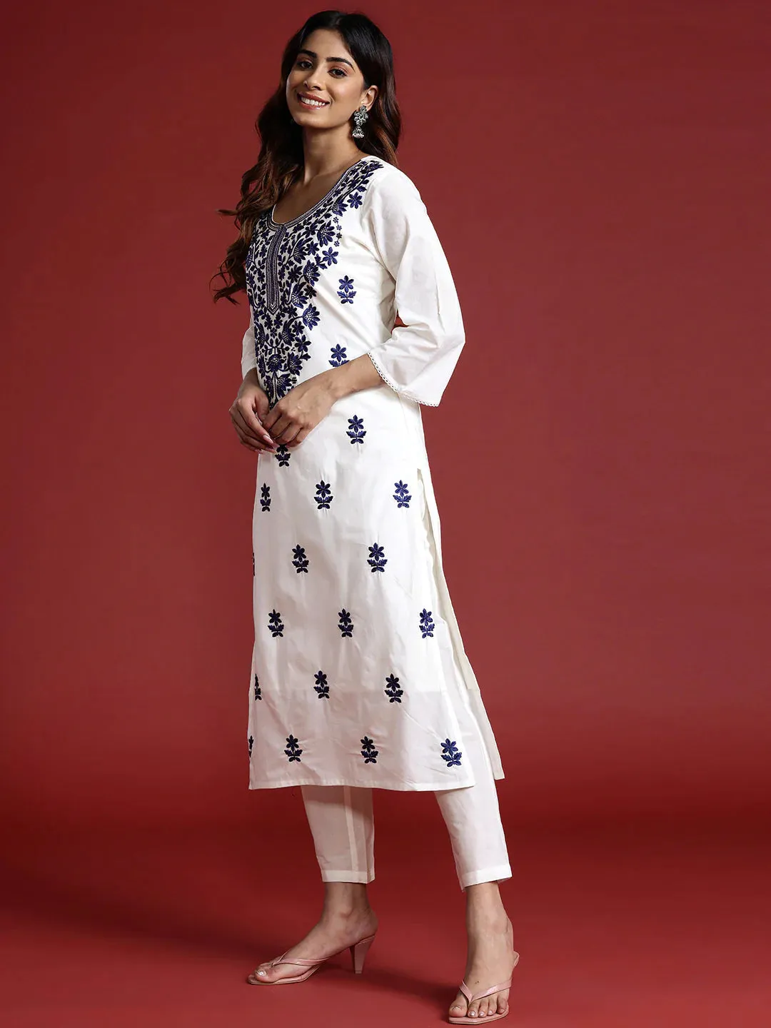 White Embroidered Straight Shape Suit Set with Dupatta