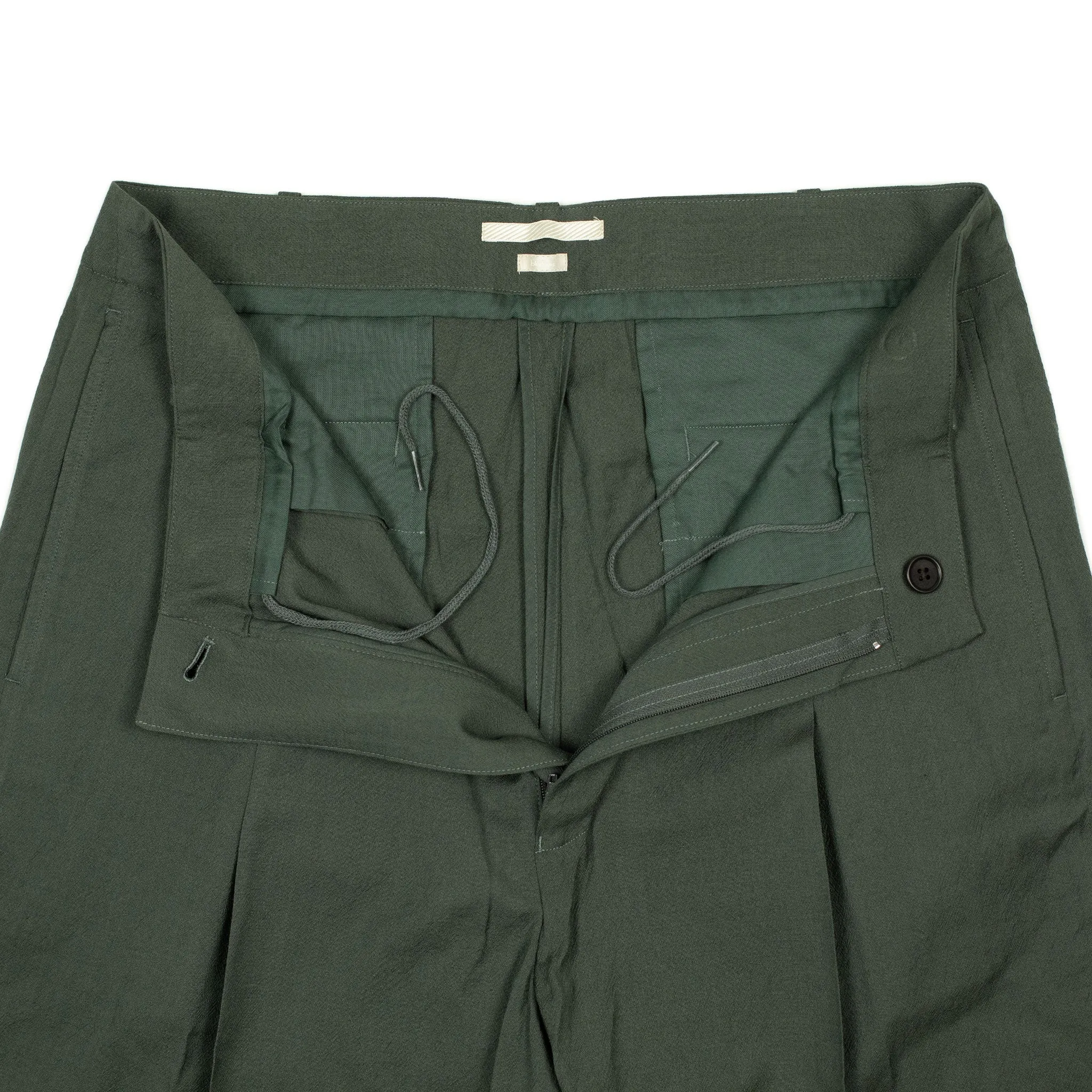 Wide slacks in dark sage wool rayon and silk