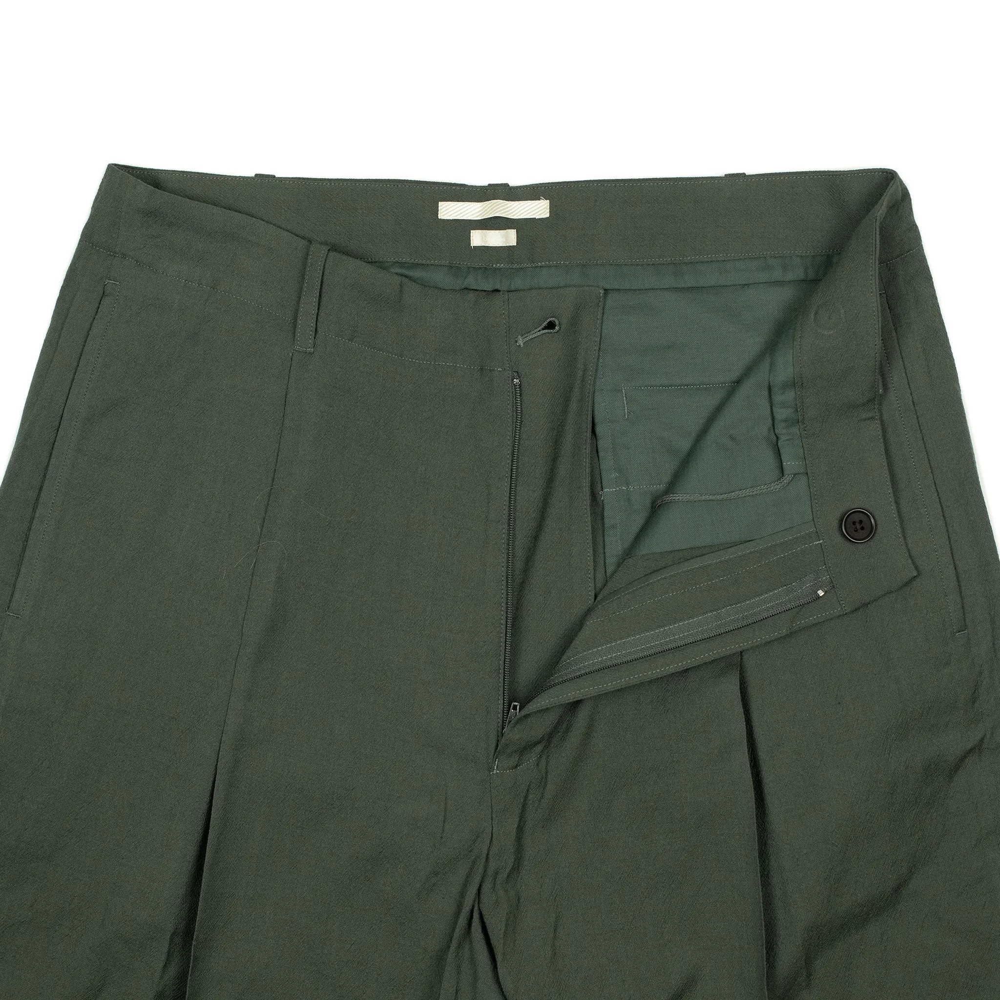 Wide slacks in dark sage wool rayon and silk