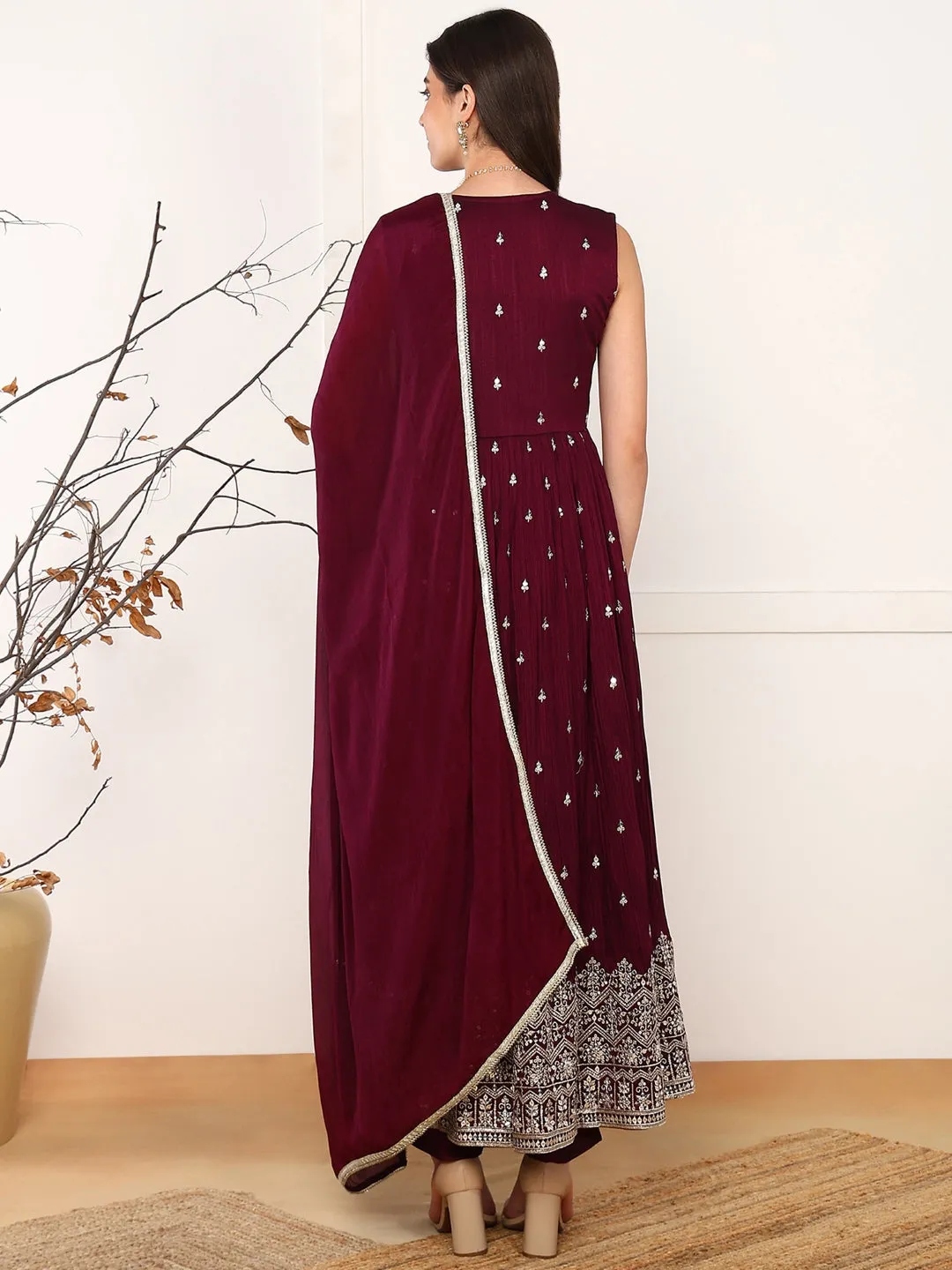 Women Burgundy Silk Blend Solid Embroidered A-Line Kurta Trouser With Dupatta