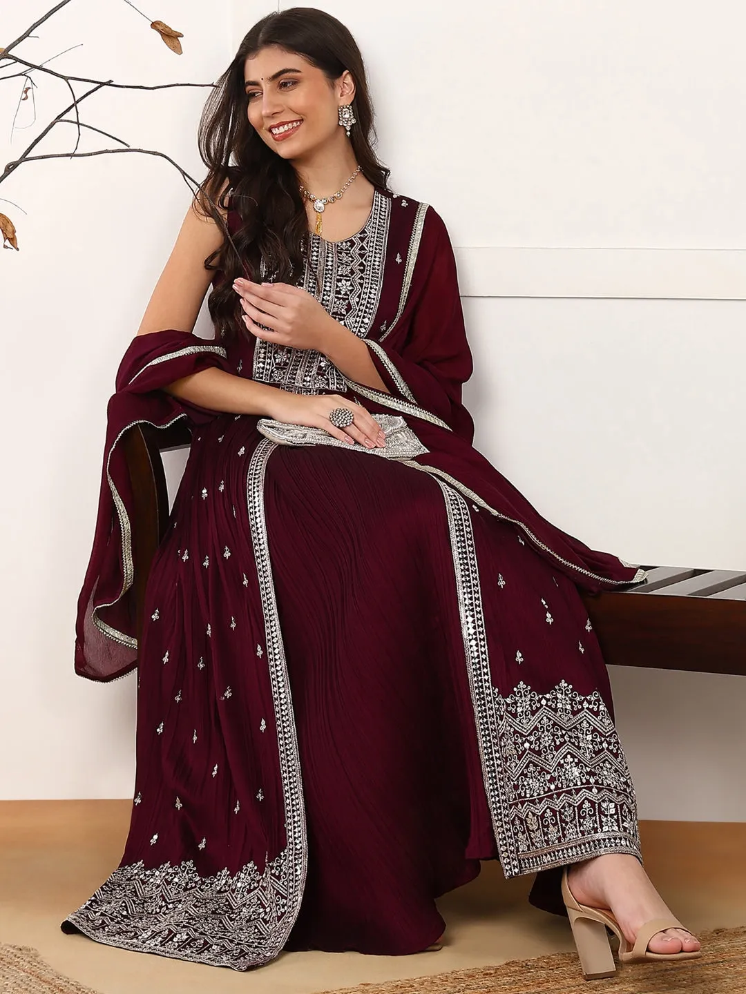 Women Burgundy Silk Blend Solid Embroidered A-Line Kurta Trouser With Dupatta