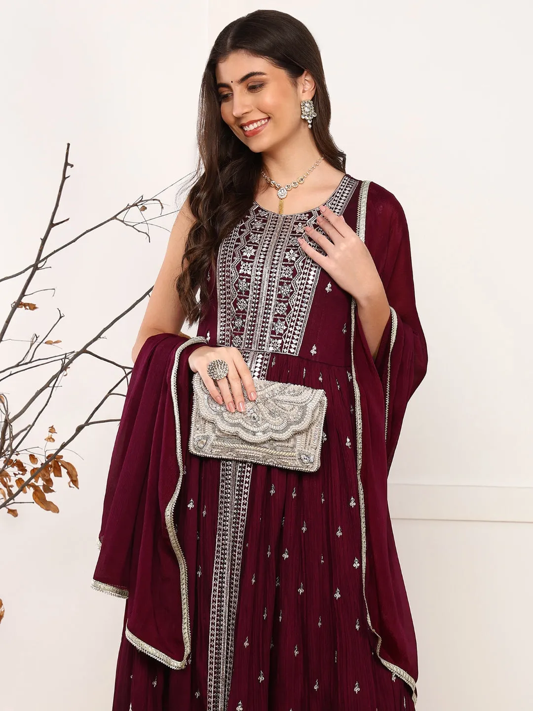 Women Burgundy Silk Blend Solid Embroidered A-Line Kurta Trouser With Dupatta