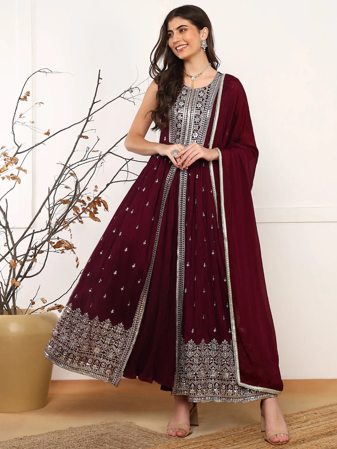 Women Burgundy Silk Blend Solid Embroidered A-Line Kurta Trouser With Dupatta