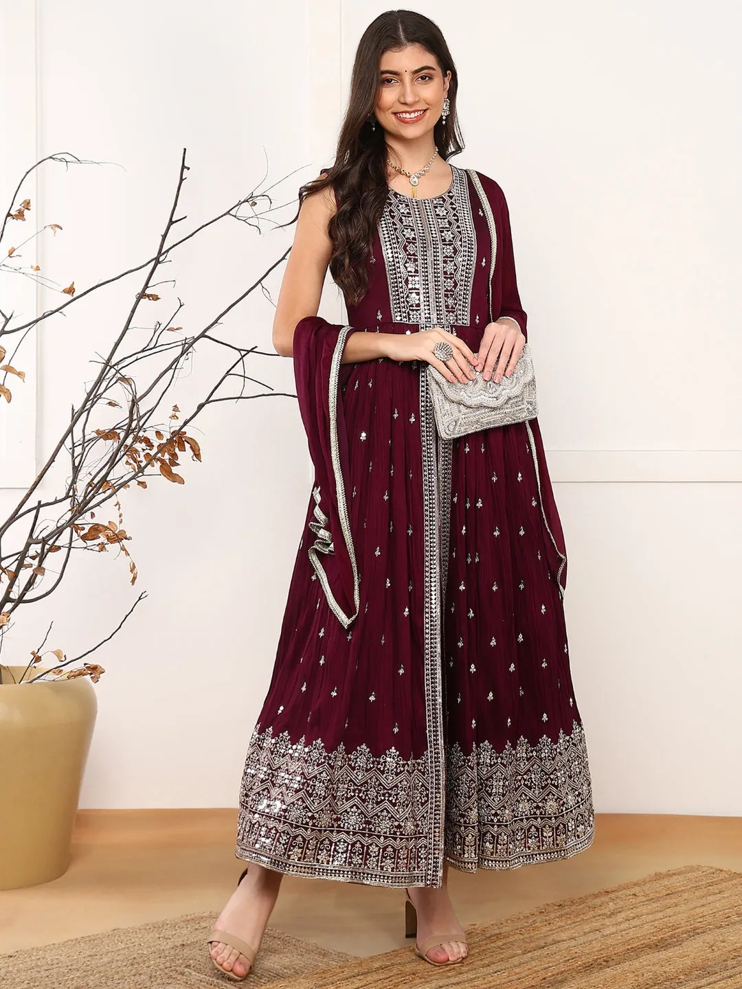 Women Burgundy Silk Blend Solid Embroidered A-Line Kurta Trouser With Dupatta