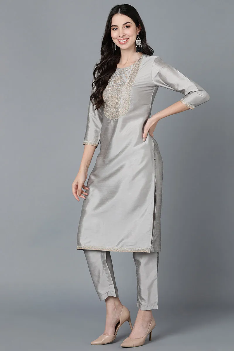 Women Grey Poly Silk Embroidered Kurta Trousers With Dupatta