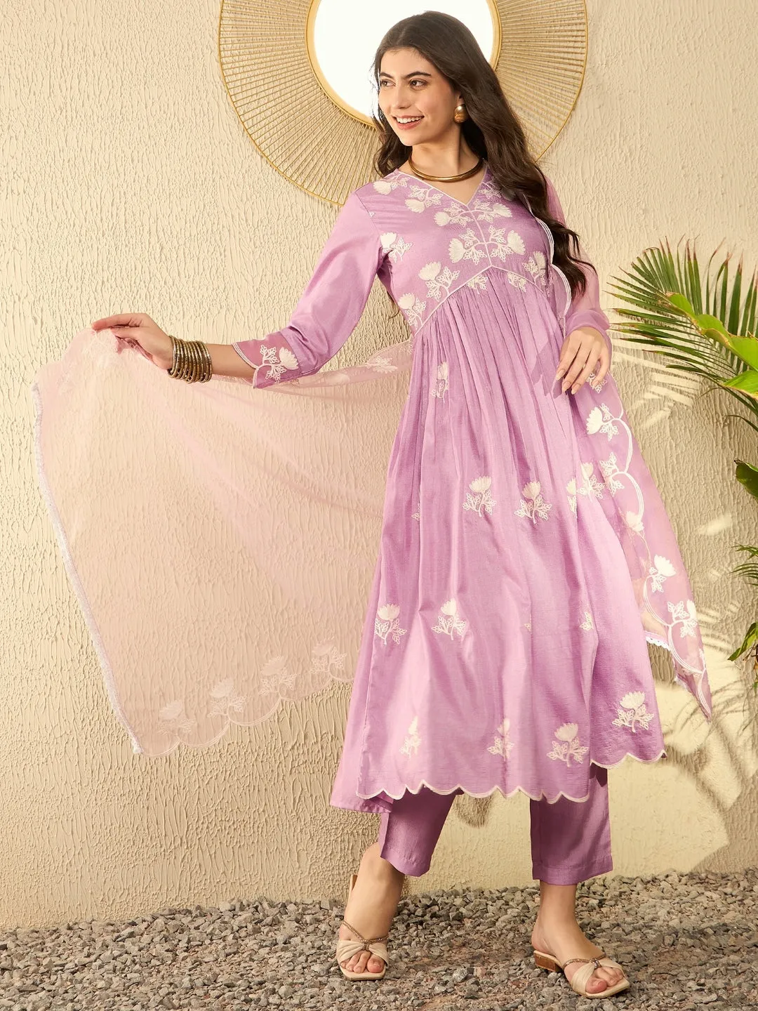 Women Lavender Silk Blend Solid Embroidered A-Line Kurta Trouser With Dupatta