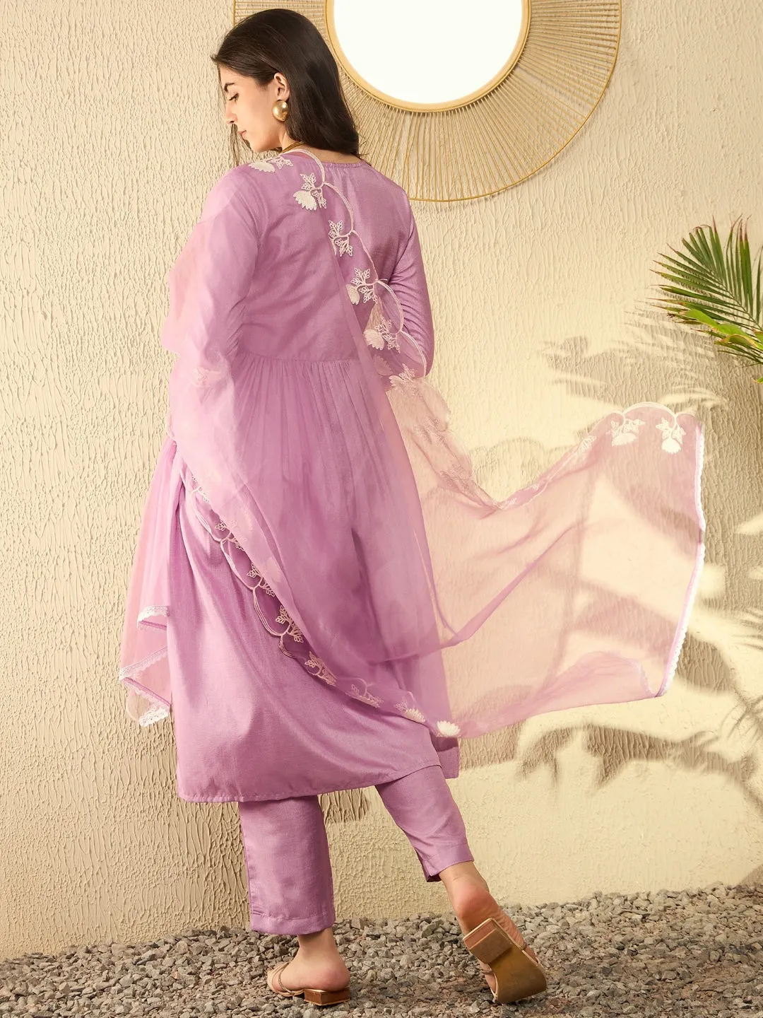 Women Lavender Silk Blend Solid Embroidered A-Line Kurta Trouser With Dupatta