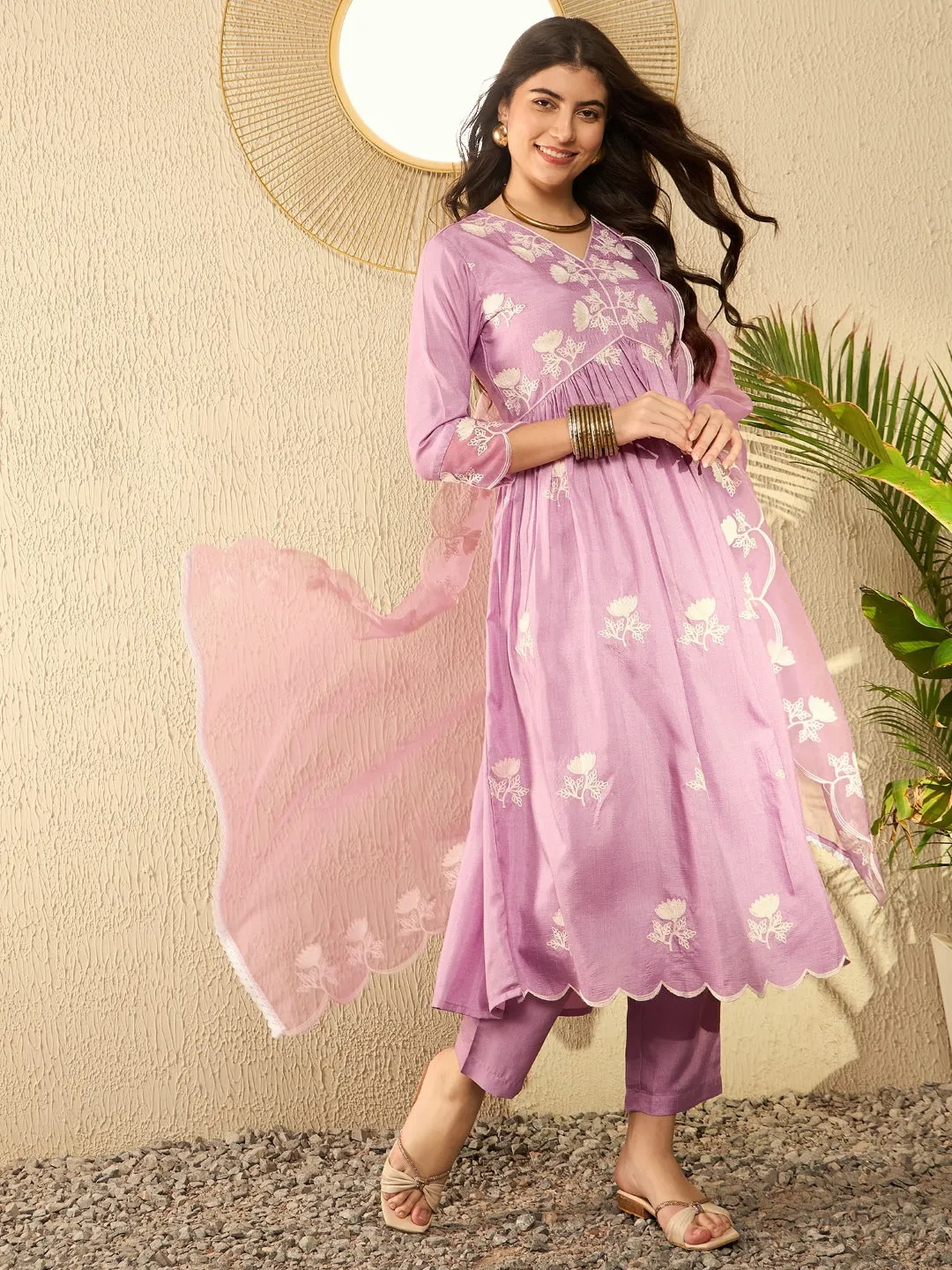 Women Lavender Silk Blend Solid Embroidered A-Line Kurta Trouser With Dupatta